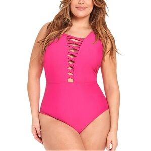 New LYSA PLUS Size Pink Juliana One-Piece lace-up front Swimsuit